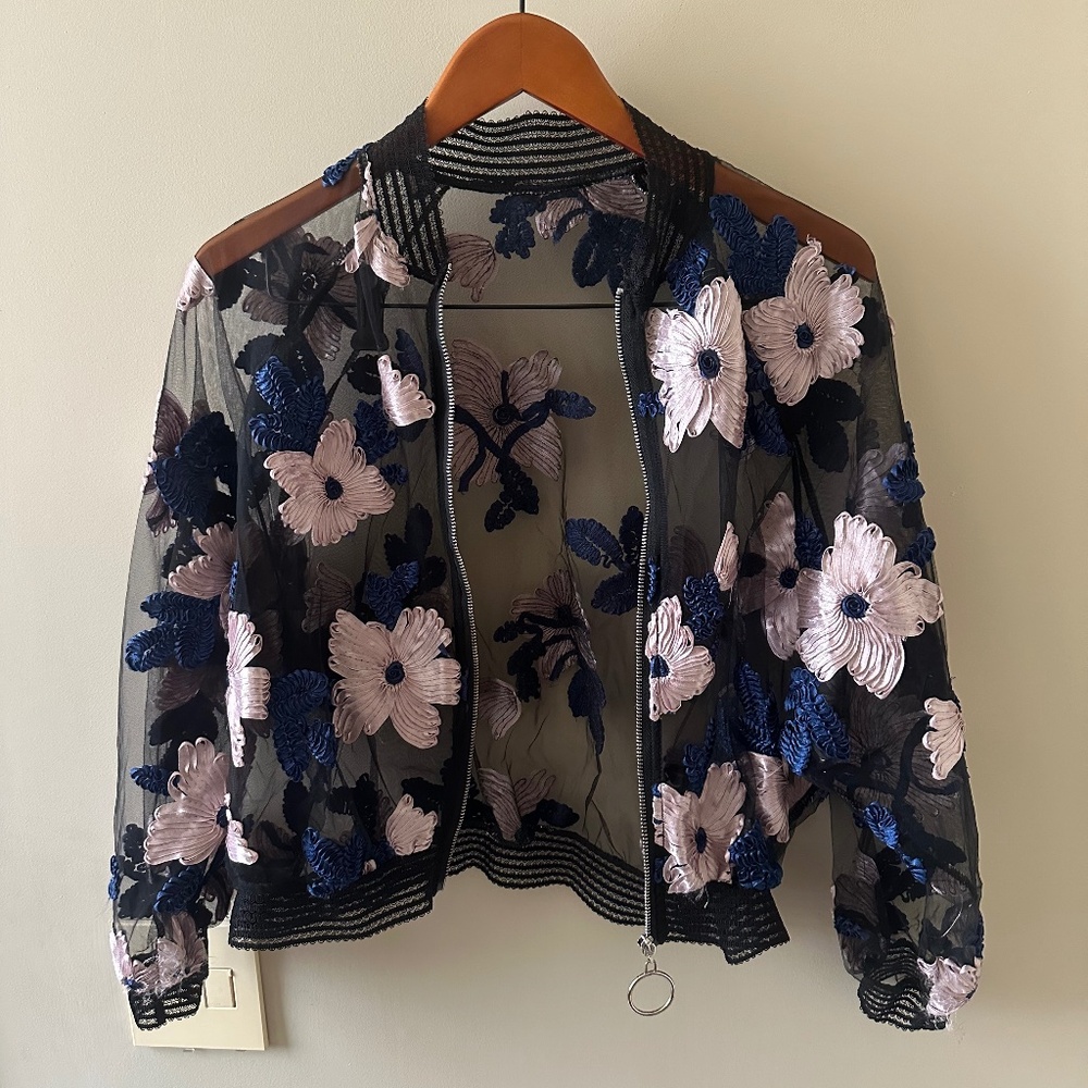 Black Mesh / Sheer Jacket with Blue and Pink Flower Appliqué